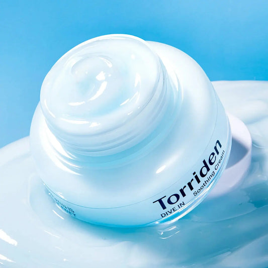 Jar of Torriden Soothing Cream on a blue background