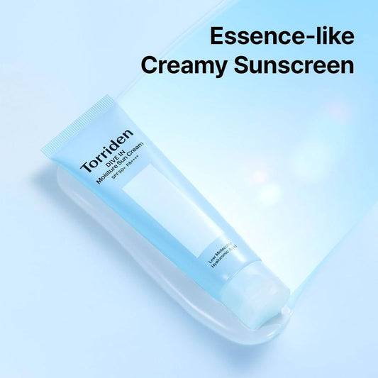 GlowMethodShop Torriden sunscreen tube on a light blue background with text 'Essence-like Creamy Sunscreen'.