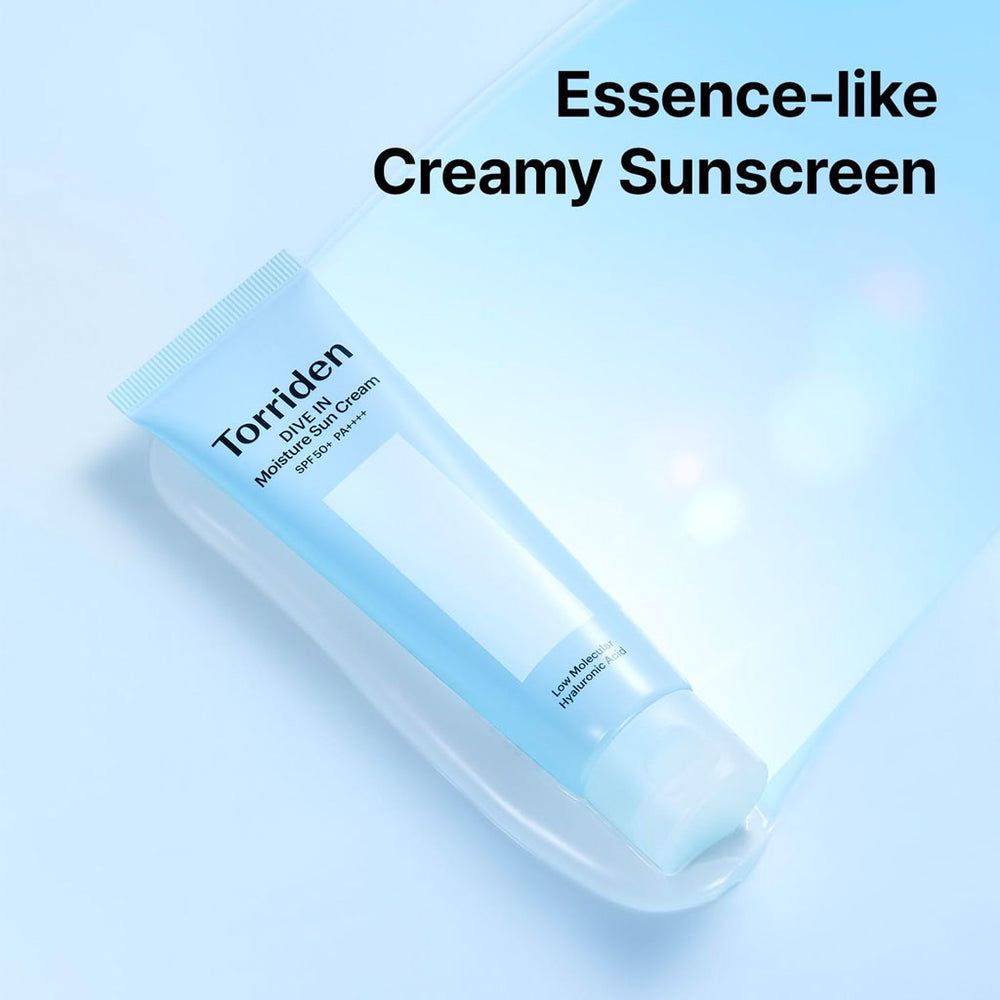 GlowMethodShop Torriden sunscreen tube on a light blue background with text 'Essence-like Creamy Sunscreen'.