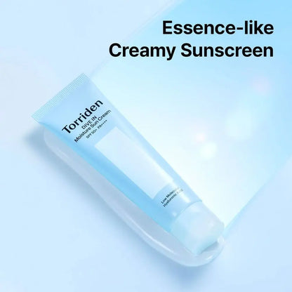 GlowMethodShop Torriden sunscreen tube on a light blue background with text 'Essence-like Creamy Sunscreen'.